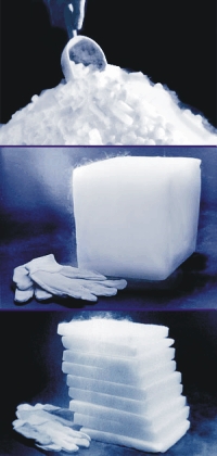 Dry ice pellets, dry ice slices, dry ice blocks